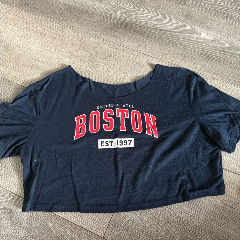 Off the shoulder Boston Graphic Crop Top - Navy